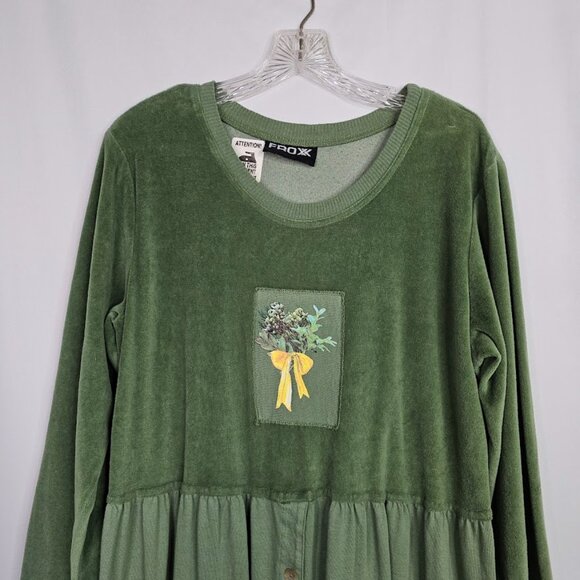 NWT Vintage FROXX Midi Dress GREEN w BLUE Floral YELLOW Bow size L Velour Cotton - Picture 3 of 11